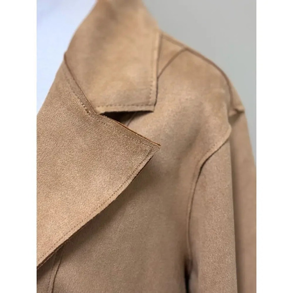 Tahari Woman Brown Suede Faux Leather Open Front Long Jacket Shacket Size 1X - Picture 2 of 8
